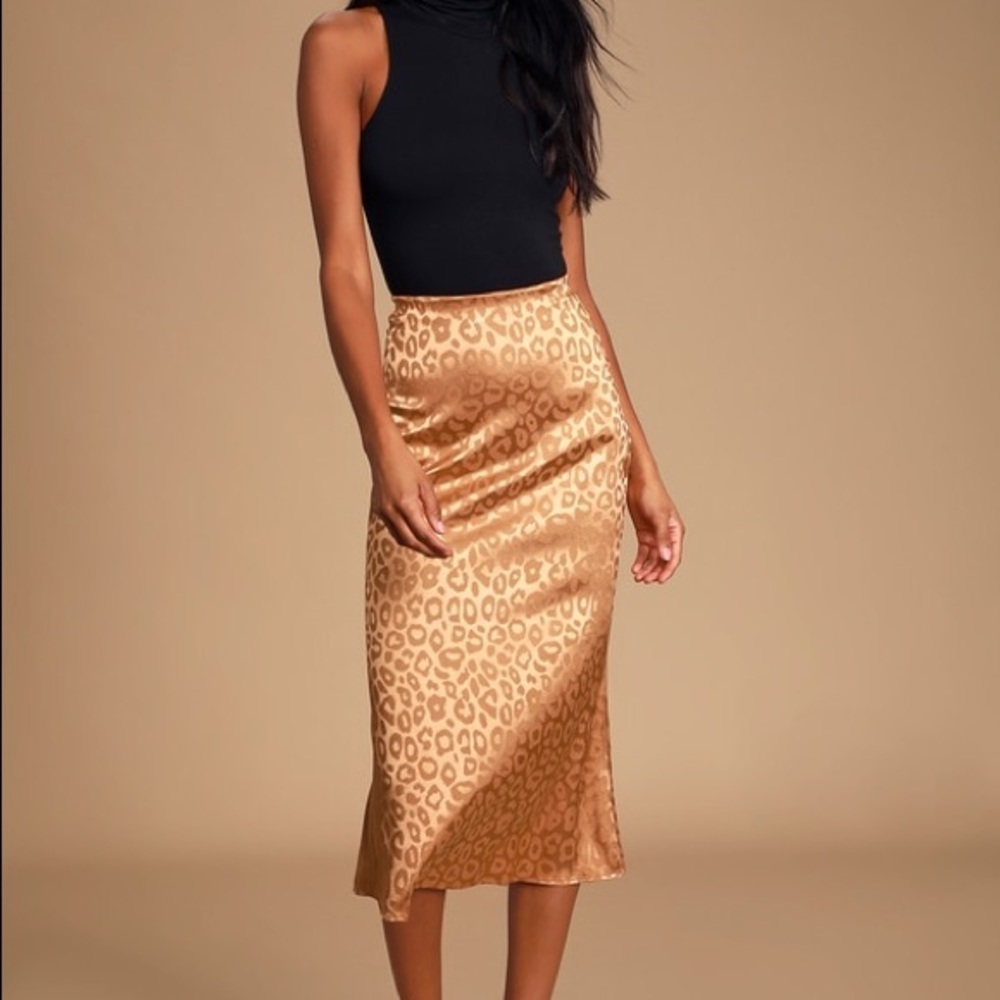 JOA Light Brown Leopard Satin Midi Skirt